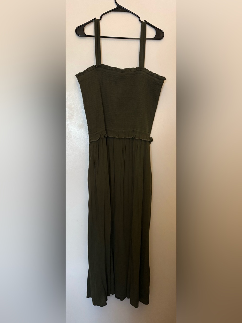 aerie Olive Green midi Dress with Smocked Bodice
